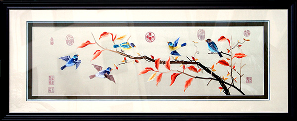 五只小鸟（宋画精绣）尺寸外框50×125