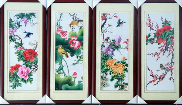 四季花鸟四扇屏（尺寸外106×46）